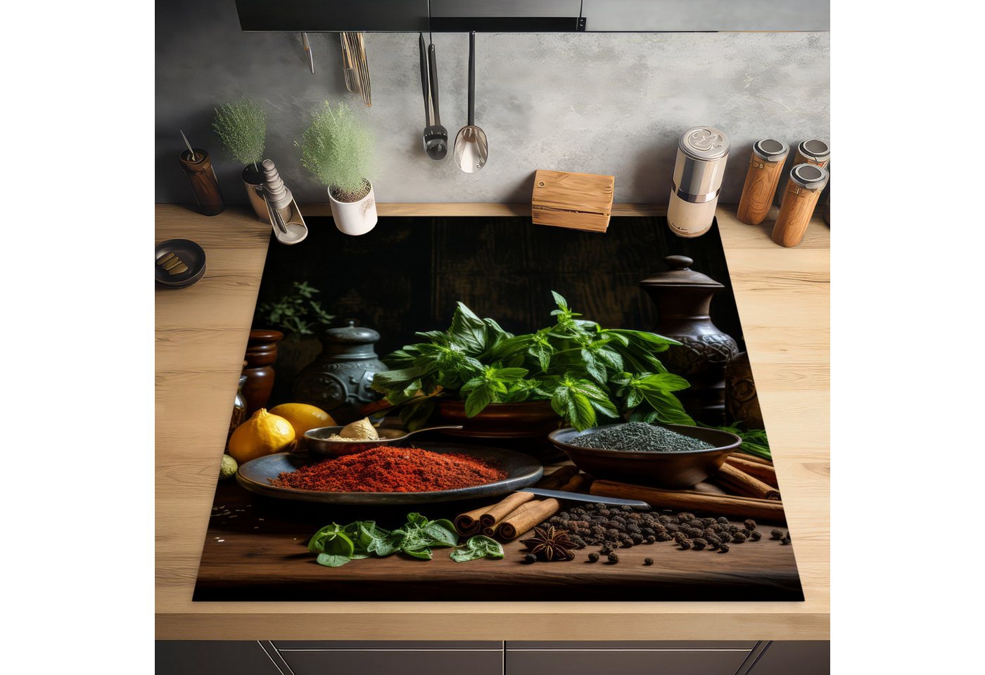 MuchoWow Herd-Abdeckplatte Stilleben - Kräuter - Schwarz, Vinyl, (1 tlg), Cerankochfeld Abdeckung, Herd Abdeckplatten Vinyl, 58x59 cm Bild 3