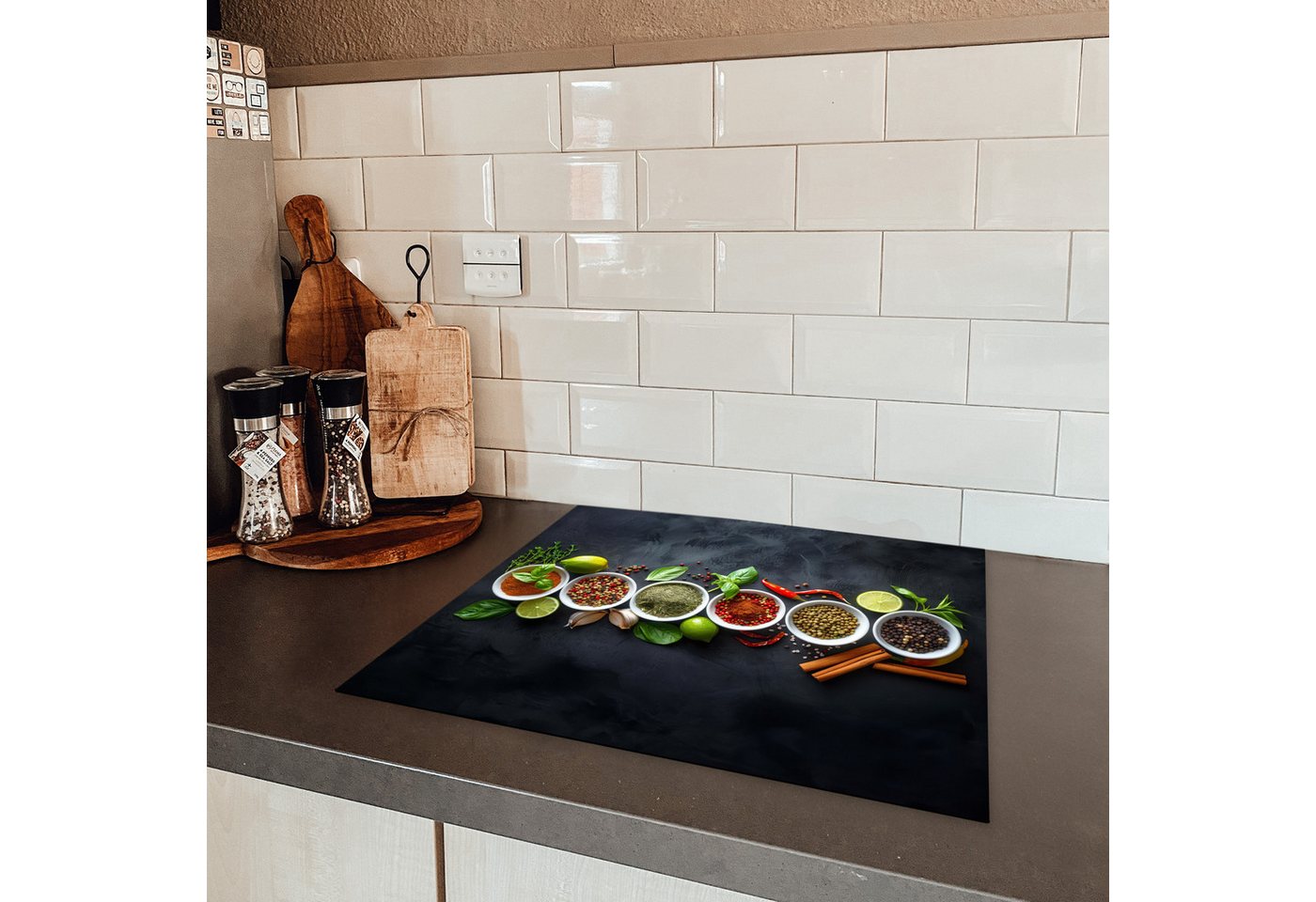 MuchoWow Herd-Abdeckplatte Kräuter - Stillleben - Konkrete Optik, Vinyl, (1 tlg), Küche Herdabdeckplatte Ceranfeld Vinyl Einteilig, 59x52 cm Bild 2