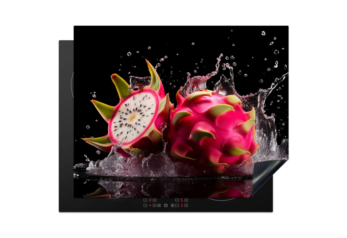 MuchoWow Herd-Abdeckplatte Drachenfrucht - Schwarz - Wasser - Frucht - Frucht, Vinyl, (1 tlg), Herdabdeckplatten für Ceranfeld, Induktionsschutz, 65x55 cm