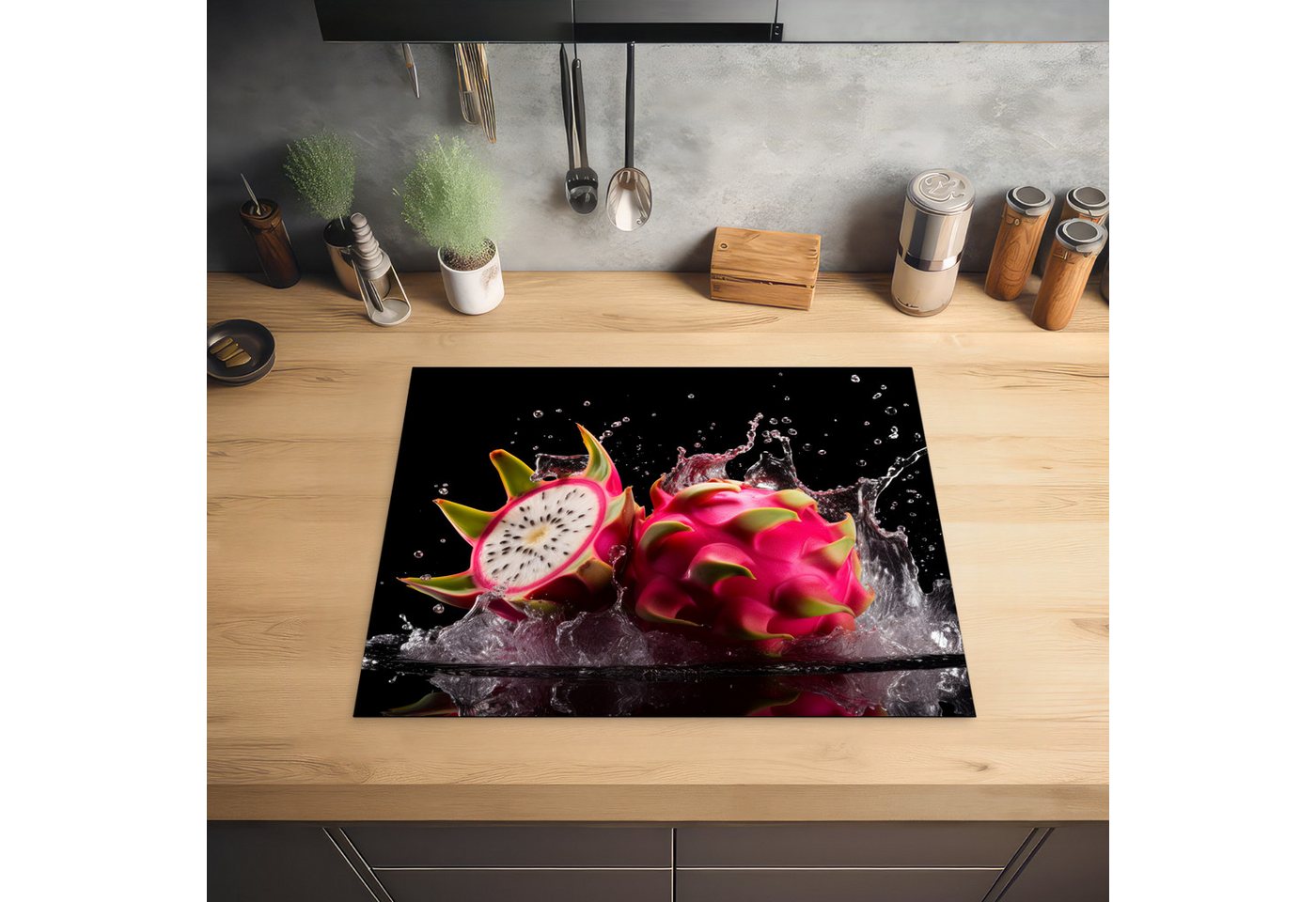 MuchoWow Herd-Abdeckplatte Drachenfrucht - Schwarz - Wasser - Frucht - Frucht, Vinyl, (1 tlg), Herdabdeckplatten für Ceranfeld, Induktionsschutz, 65x55 cm Bild 5