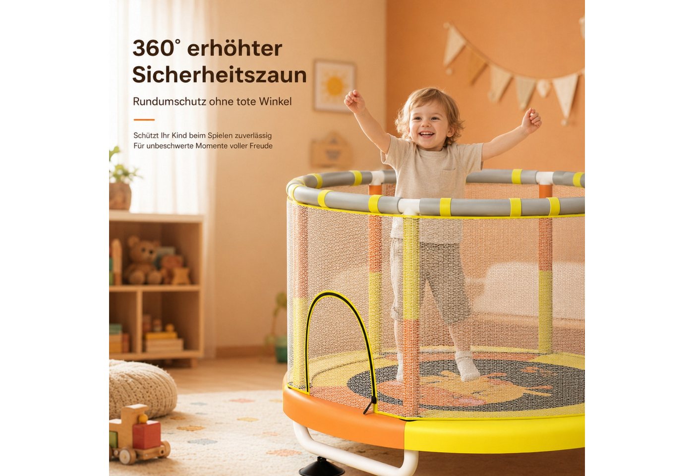 Jumpeak Kindertrampolin Kindertrampolin, Indoor-Trampolin für zu Hause, Kinder-Sprungbett, Ø 120 cm, Höhenverstellbar in drei Positionen, Mit Sicherheitsnetz Bild 3