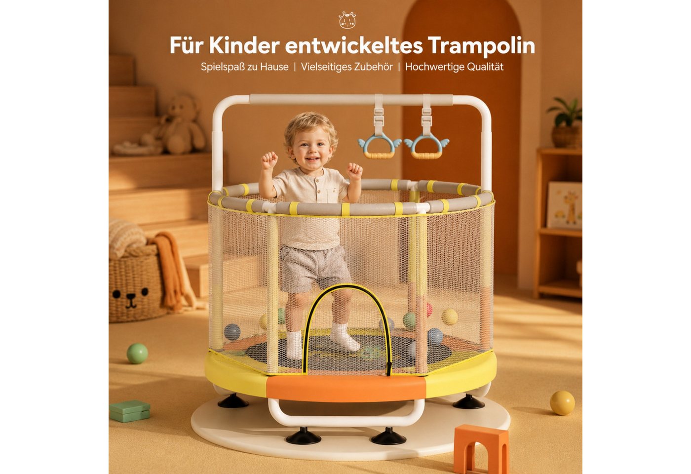 Jumpeak Kindertrampolin Kindertrampolin, Indoor-Trampolin für zu Hause, Kinder-Sprungbett, Ø 120 cm, Höhenverstellbar in drei Positionen, Mit Sicherheitsnetz Bild 4