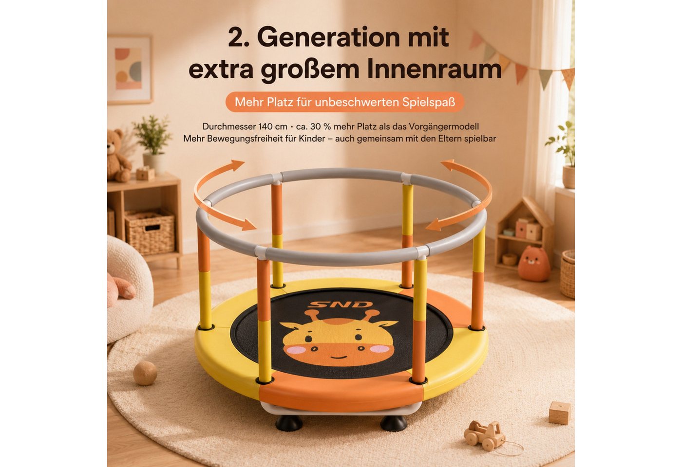 Jumpeak Kindertrampolin Kindertrampolin, Indoor-Trampolin für zu Hause, Kinder-Sprungbett, Ø 120 cm, Höhenverstellbar in drei Positionen, Mit Sicherheitsnetz Bild 5
