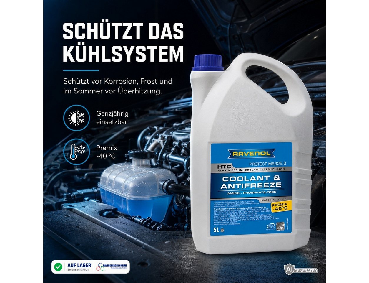 Ravenol Kühlerfrostschutz HTC Premix -40°C Protect MB 325.0 Kühlmittel Fertigmischung Blau, 5 l, 5L Kühlmittel Premix – MB 325.0 – Frostschutz bis -40 °C