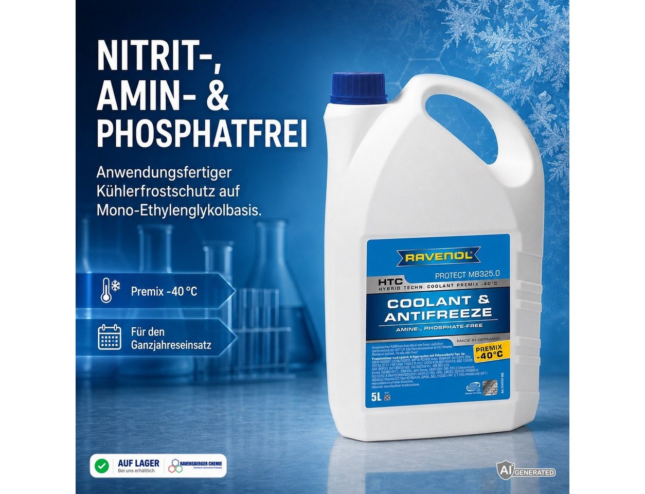 Ravenol Kühlerfrostschutz HTC Premix -40°C Protect MB 325.0 Kühlmittel Fertigmischung Blau, 5 l, 5L Kühlmittel Premix – MB 325.0 – Frostschutz bis -40 °C Bild 2