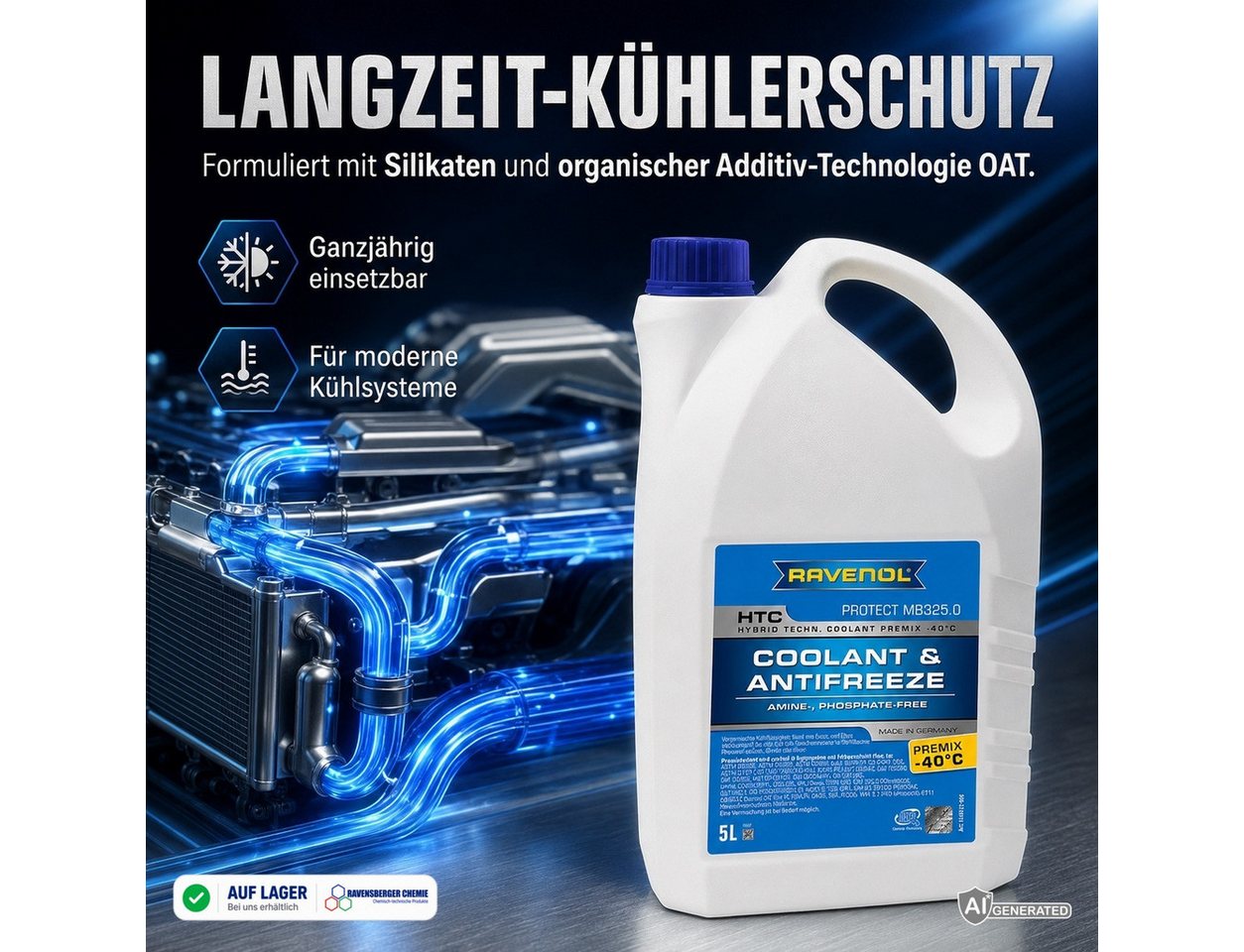 Ravenol Kühlerfrostschutz HTC Premix -40°C Protect MB 325.0 Kühlmittel Fertigmischung Blau, 5 l, 5L Kühlmittel Premix – MB 325.0 – Frostschutz bis -40 °C Bild 3