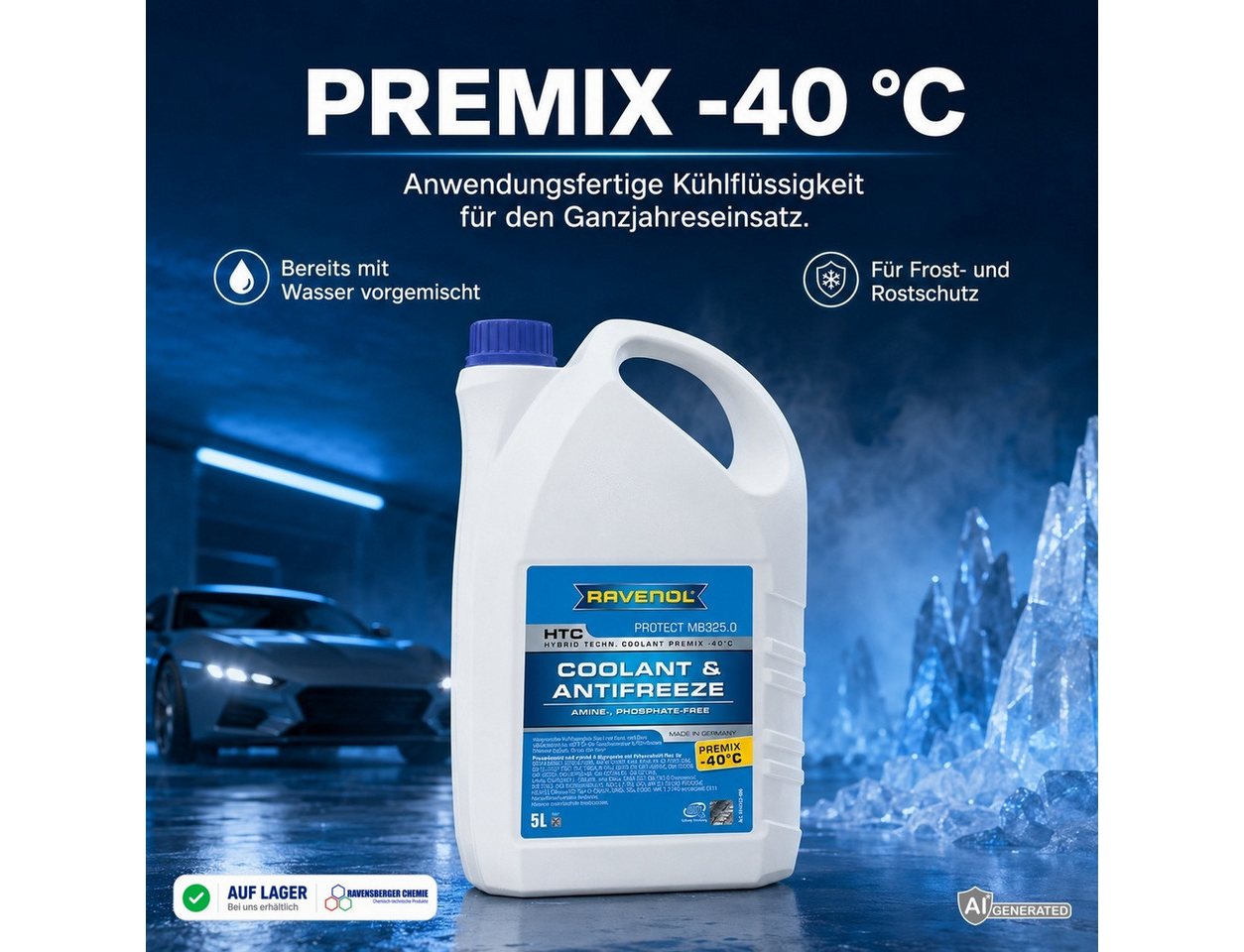 Ravenol Kühlerfrostschutz HTC Premix -40°C Protect MB 325.0 Kühlmittel Fertigmischung Blau, 5 l, 5L Kühlmittel Premix – MB 325.0 – Frostschutz bis -40 °C Bild 4