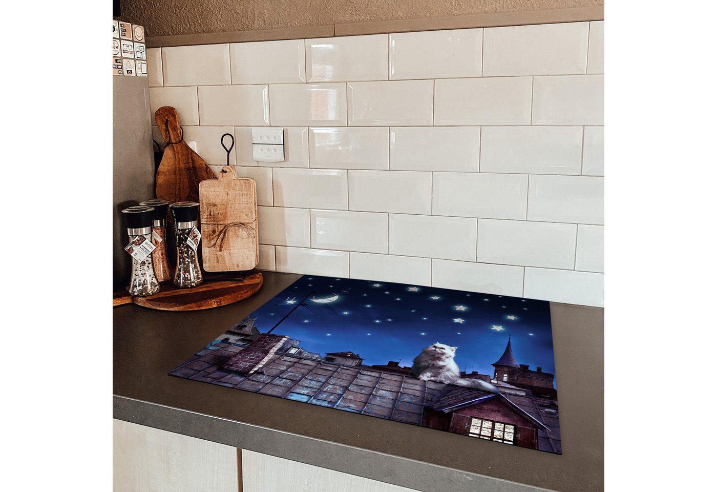 MuchoWow Herd-Abdeckplatte Blau - Katze - Nacht - Haus, Vinyl, (1 tlg), Abdeckung Induktionskochfeld Schutzmatte, Küche Deko, 65x52 cm