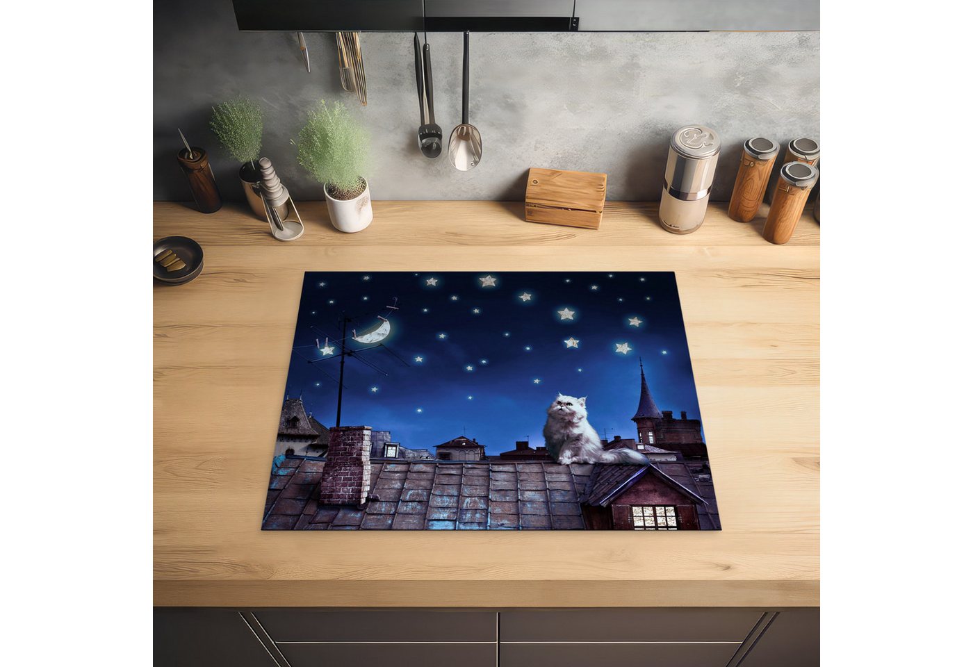 MuchoWow Herd-Abdeckplatte Blau - Katze - Nacht - Haus, Vinyl, (1 tlg), Abdeckung Induktionskochfeld Schutzmatte, Küche Deko, 65x52 cm Bild 2