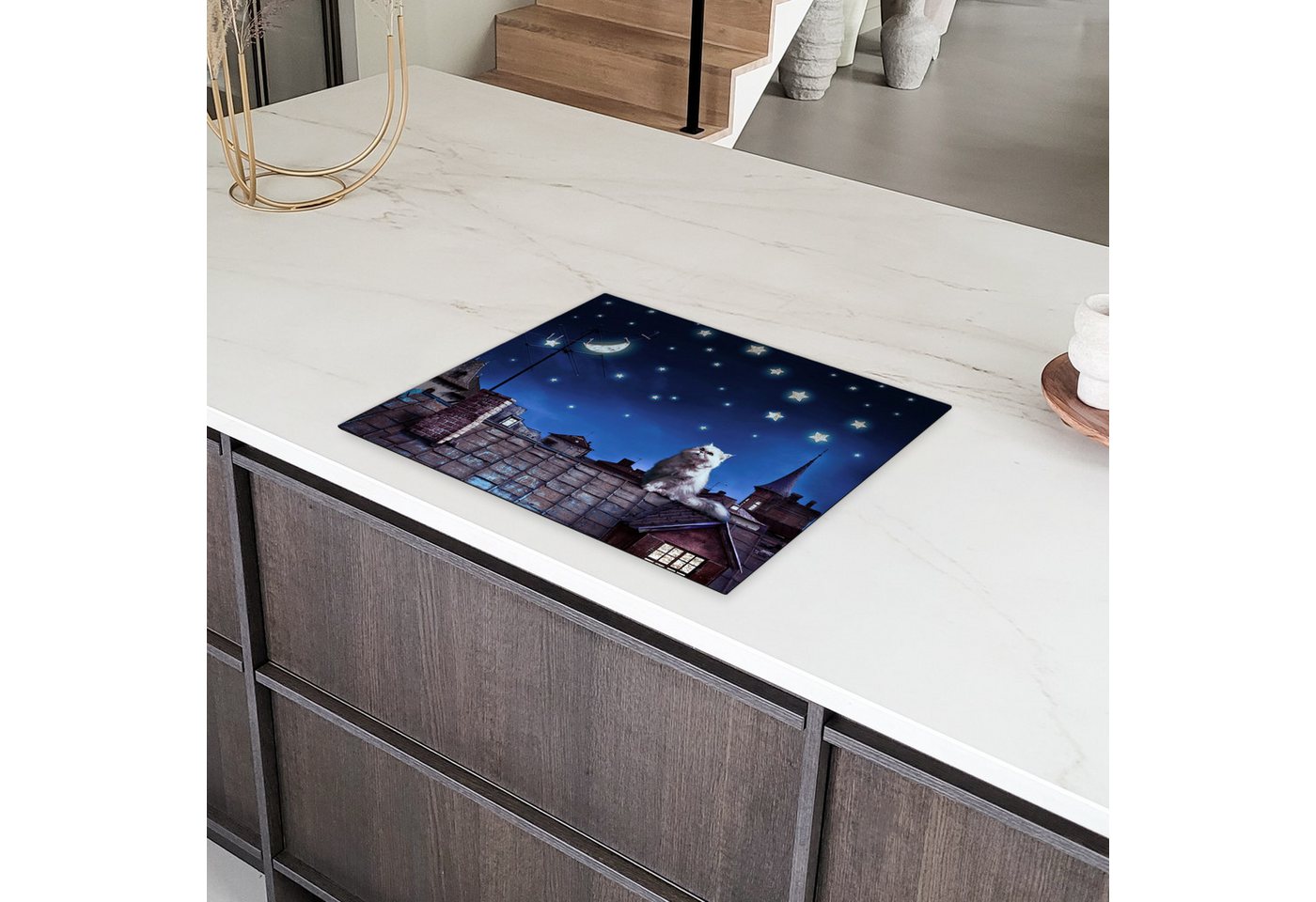 MuchoWow Herd-Abdeckplatte Blau - Katze - Nacht - Haus, Vinyl, (1 tlg), Abdeckung Induktionskochfeld Schutzmatte, Küche Deko, 65x52 cm Bild 3