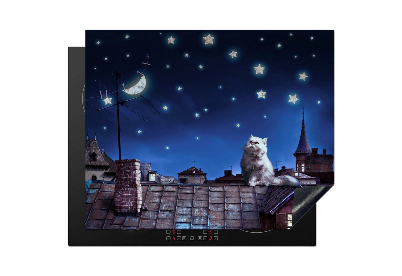 MuchoWow Herd-Abdeckplatte Blau - Katze - Nacht - Haus, Vinyl, (1 tlg), Abdeckung Induktionskochfeld Schutzmatte, Küche Deko, 65x52 cm Bild 4