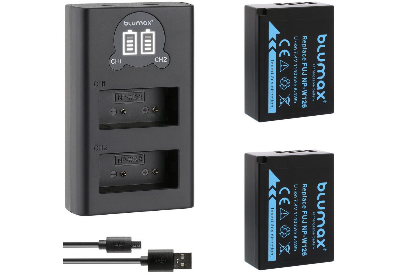 Blumax 2X Blumax Akku Fujifilm NP-W126s + Fuji Slim Dual Charger Kamera-Akku Bild 5