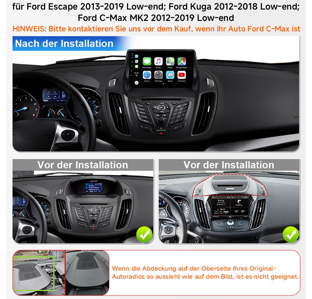 A-Sure 9" CarPlay Android 15 Ford Kuga C-Max MK2 2012-2018 GPS Autoradio (RDS, Android Auto, Bluetooth, Digitalradio (DAB), FM RADIO, WIFI, CARPLAY, SWC) Bild 5