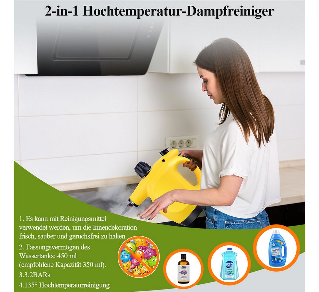 CkeyiN Handdampfreiniger 3,2 bar Hochdruck 450ml Wassertank 9 Zubehörteilen multifunktional, 1250 W, zur chemiefreien Reinigung von Fliesenfugen, Herdplatten, Badezimmern