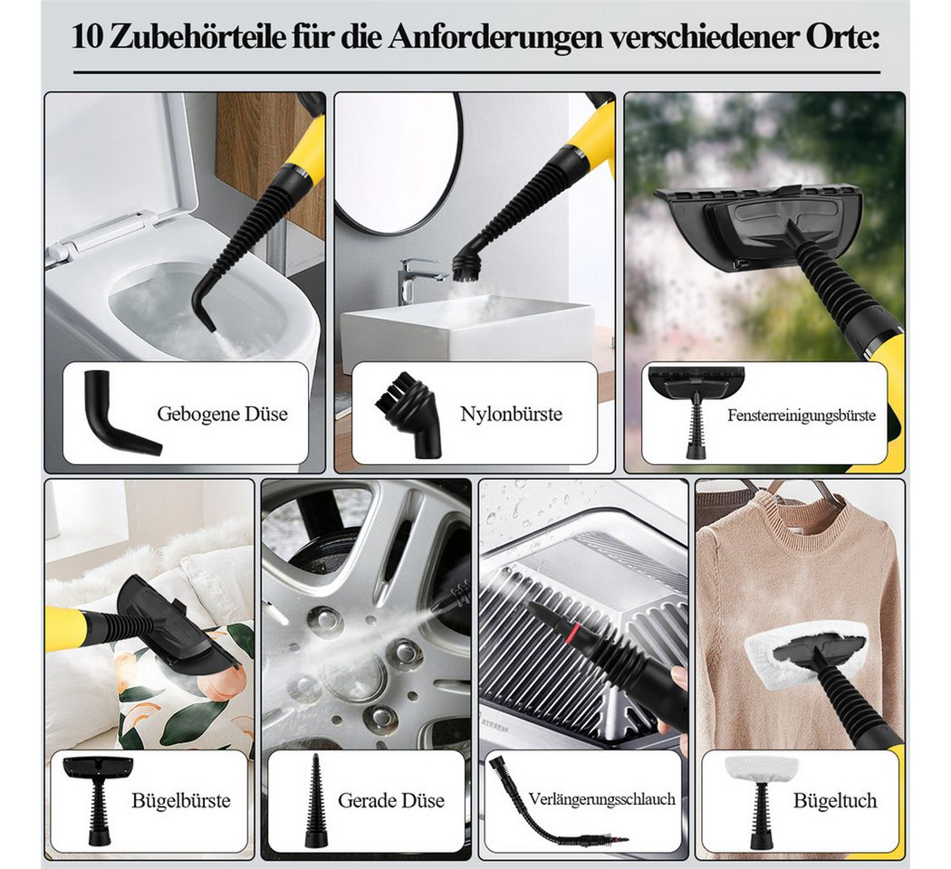 CkeyiN Handdampfreiniger 3,2 bar Hochdruck 450ml Wassertank 9 Zubehörteilen multifunktional, 1250 W, zur chemiefreien Reinigung von Fliesenfugen, Herdplatten, Badezimmern Bild 4