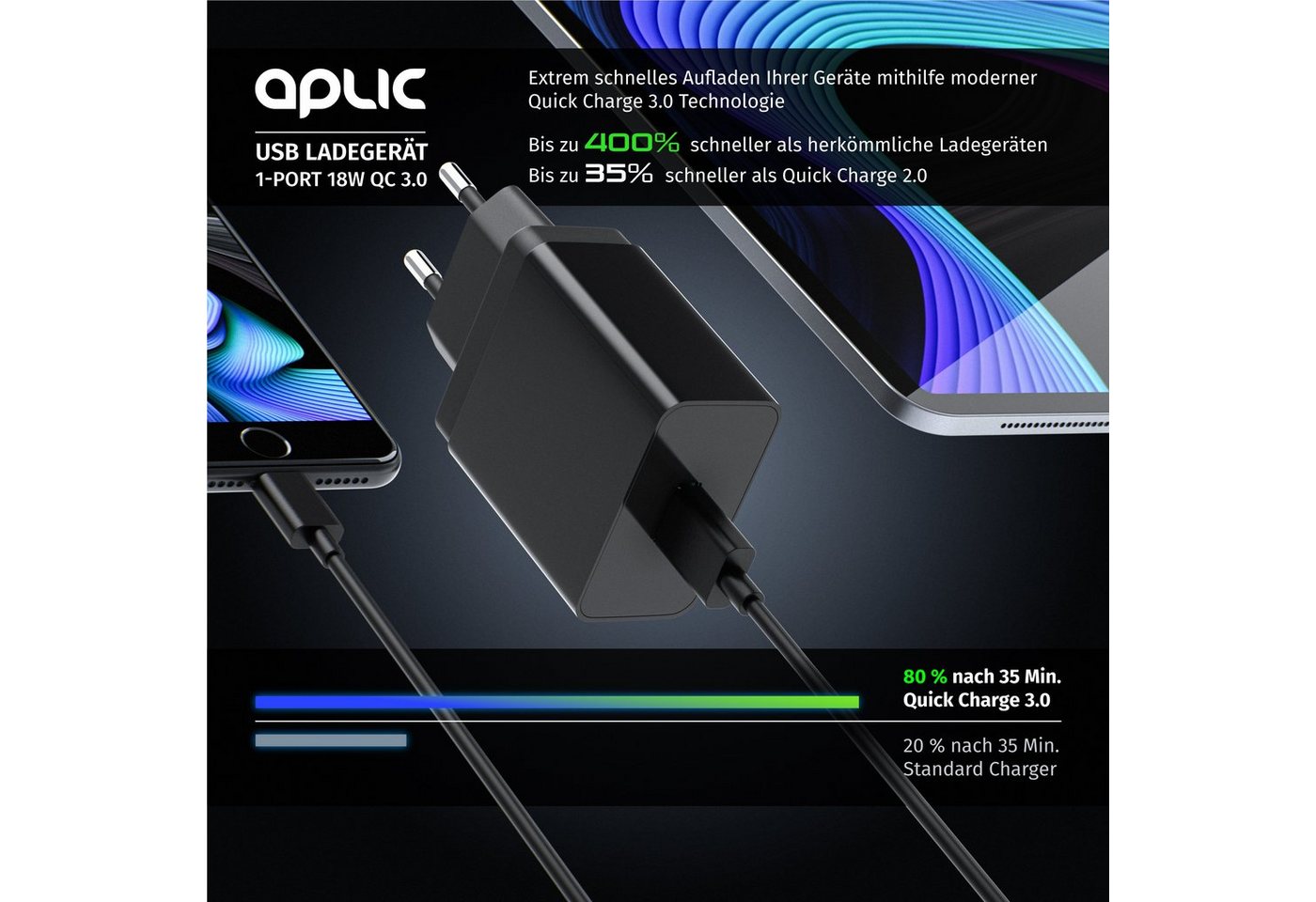 Aplic 2er Set USB Ladegerät Quick Charge 3.0 Netzteil USB-Ladegerät (3000 mA, 2-tlg., Quick Charge 3.0 USB-Ladegerät 1x USB A QC 3.0 Port / max. 3A über QC) Bild 3