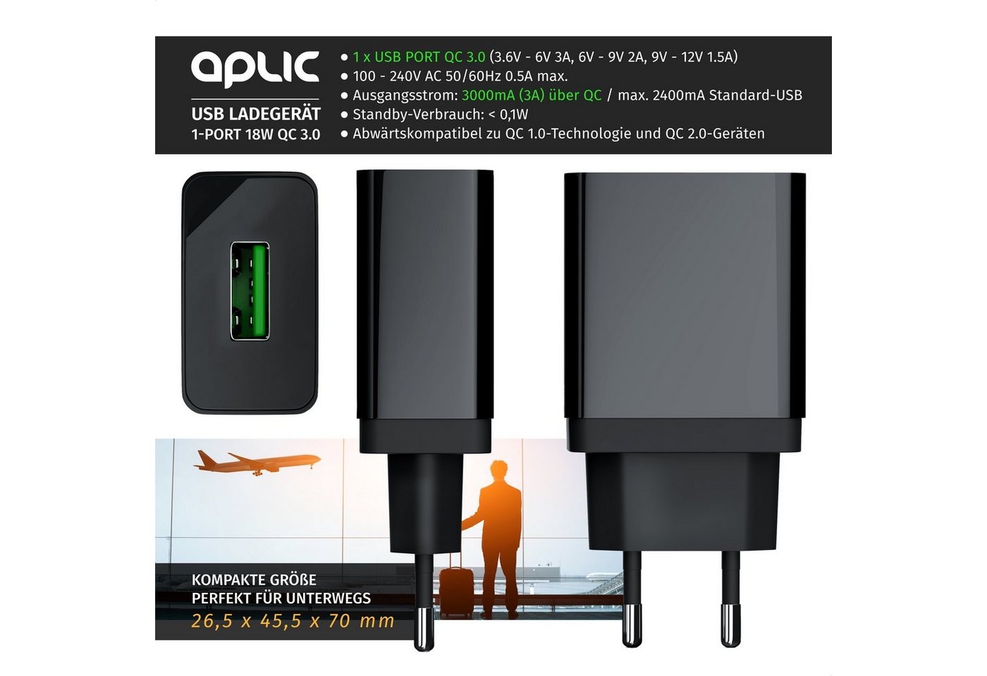 Aplic 2er Set USB Ladegerät Quick Charge 3.0 Netzteil USB-Ladegerät (3000 mA, 2-tlg., Quick Charge 3.0 USB-Ladegerät 1x USB A QC 3.0 Port / max. 3A über QC) Bild 5