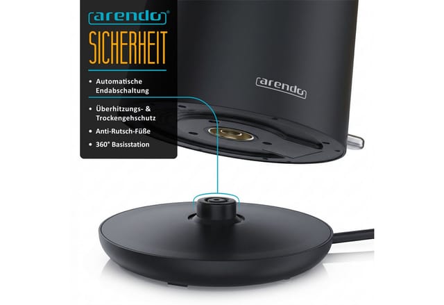 Arendo Wasserkocher Edelstahl, Doppelwand, Cool-Touch, 360° Basis, mit Griff in Holzoptik, 1,5 l, 2200 W, mit Trockengehschutz, Überhitzungsschutz, BPA-frei, GS Geprüft