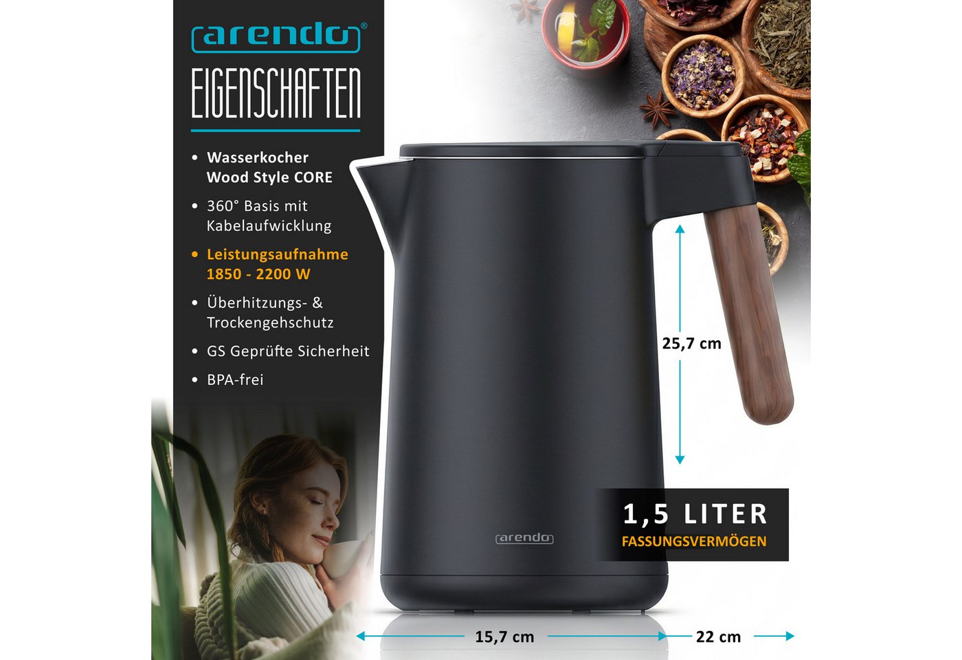 Arendo Wasserkocher Edelstahl, Doppelwand, Cool-Touch, 360° Basis, mit Griff in Holzoptik, 1,5 l, 2200 W, mit Trockengehschutz, Überhitzungsschutz, BPA-frei, GS Geprüft Bild 2