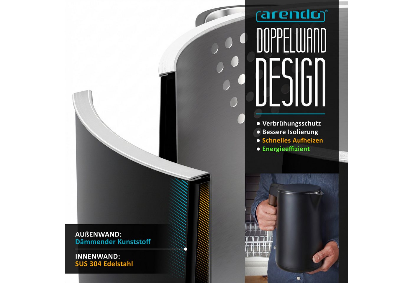 Arendo Wasserkocher Edelstahl, Doppelwand, Cool-Touch, 360° Basis, mit Griff in Holzoptik, 1,5 l, 2200 W, mit Trockengehschutz, Überhitzungsschutz, BPA-frei, GS Geprüft Bild 4
