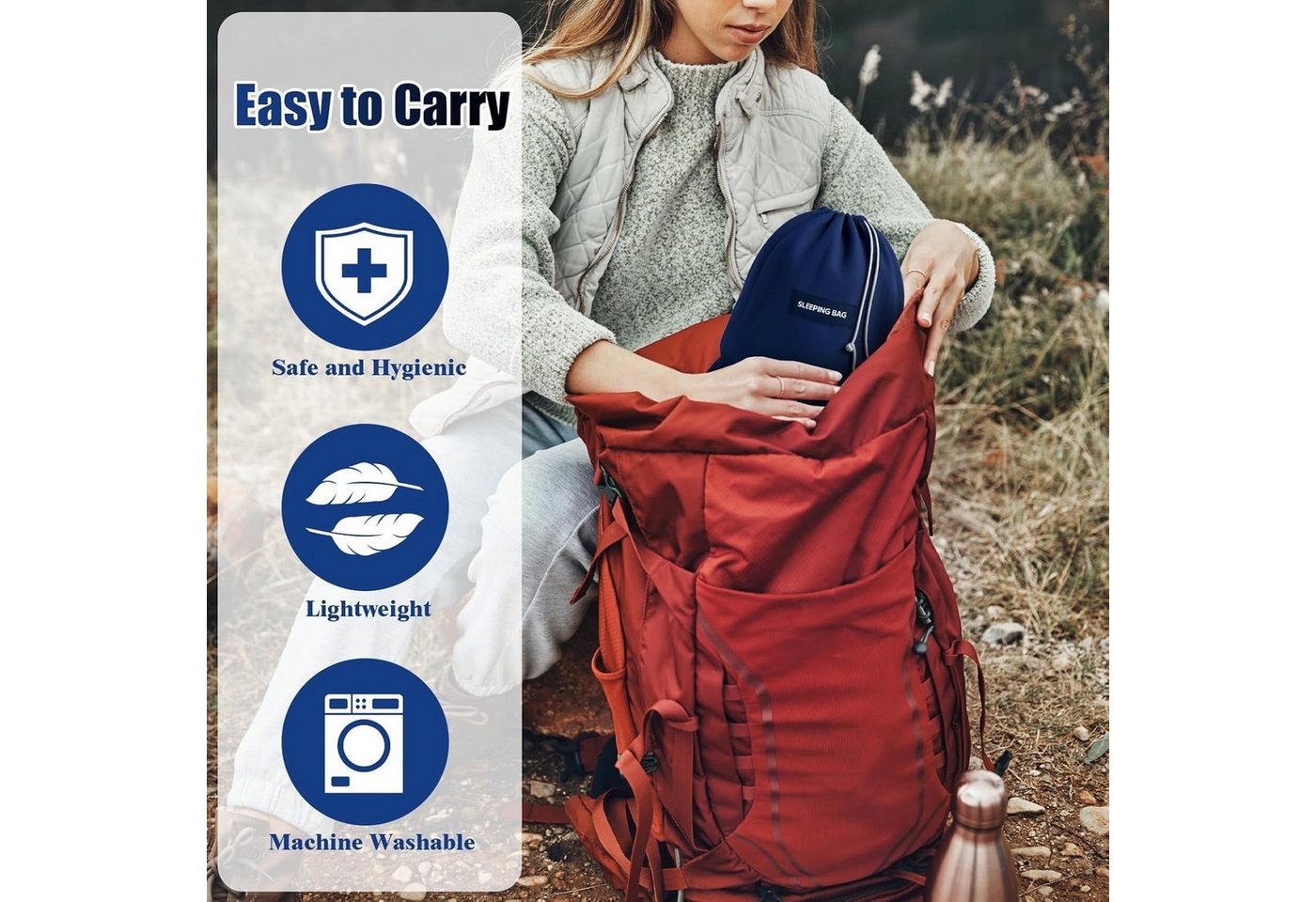 Zengi Hüttenschlafsack Reiseschlafsack 90 x 220 cm ultraleicht mit Kissenfach, atmungsaktiv (Set, 2 tlg., Schlafsack und Aufbewahrungstasche), Maschinenwaschbar, reißfest, kompakt für Camping, Hotel und Hostel Bild 2