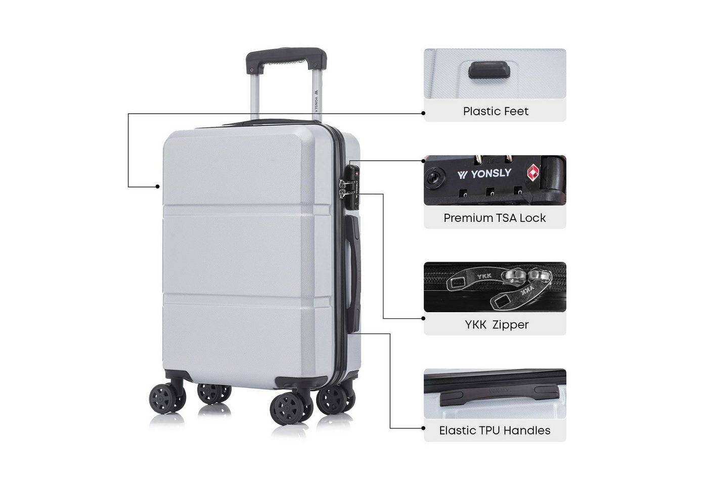 YONSLY Kofferset Premium Hartschalen-Reiseset für Urlaub, Business & Familie, 4 Rollen, (Spar-Set, 3 tlg., Mehrere Größen S/M/L/XL, verschiedene Farben), TSA-Schloss, YKK-Reißverschluss & austauschbare Rollen und Griffe