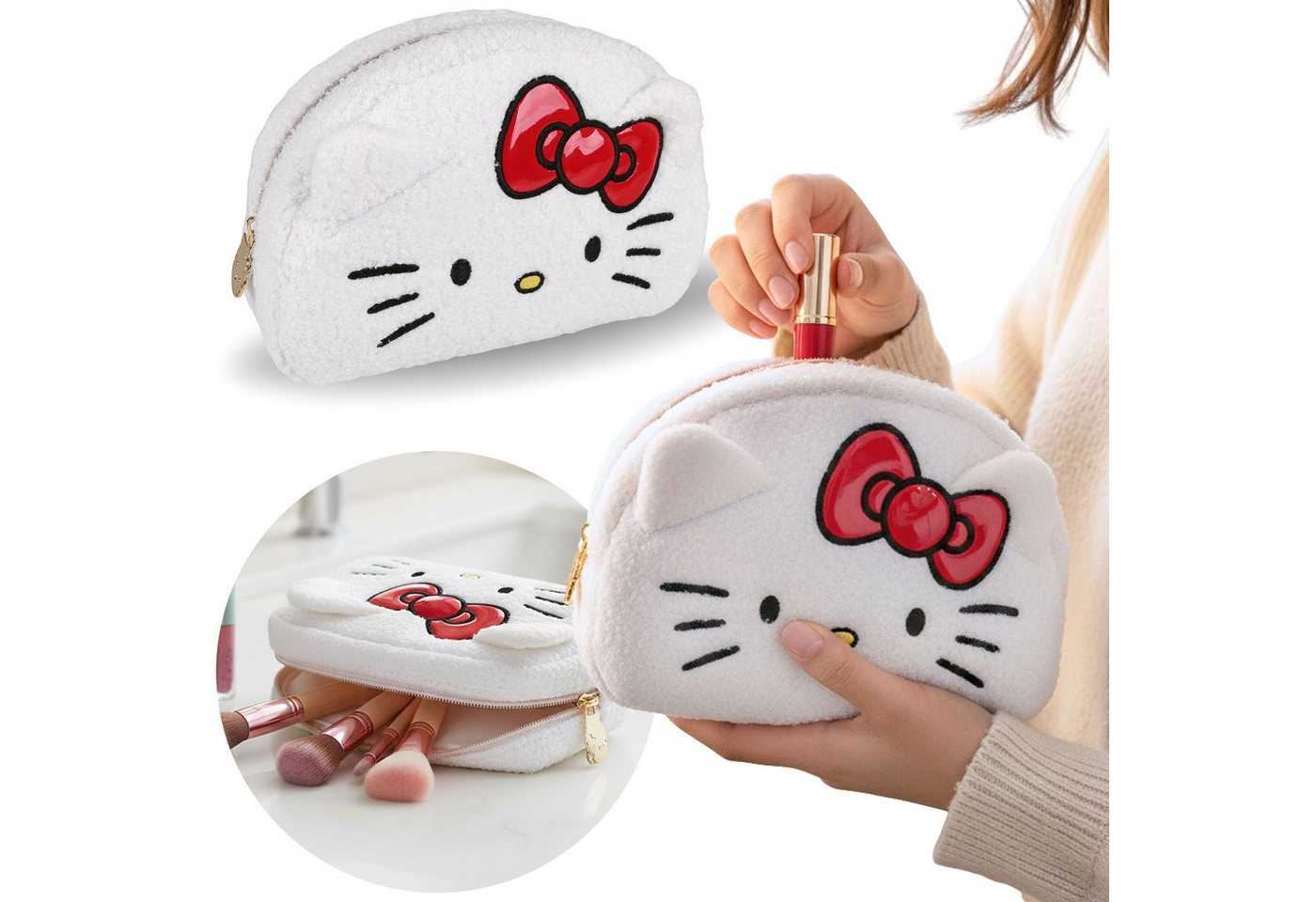 Hello Kitty Kosmetiktasche Hello Kitty weiße Plüsch-Kosmetiktasche, geräumig 22×15×7 cm Bild 2