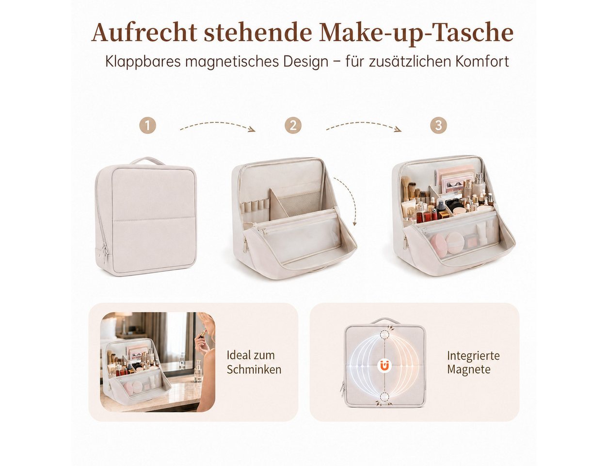 Diwzbyn Kosmetiktasche Große Kosmetiktasche, Wasserabweisend mit Magnetfächern, Faltbar, Stehend & mit Gepäckriemen, Praktisch für Reisen