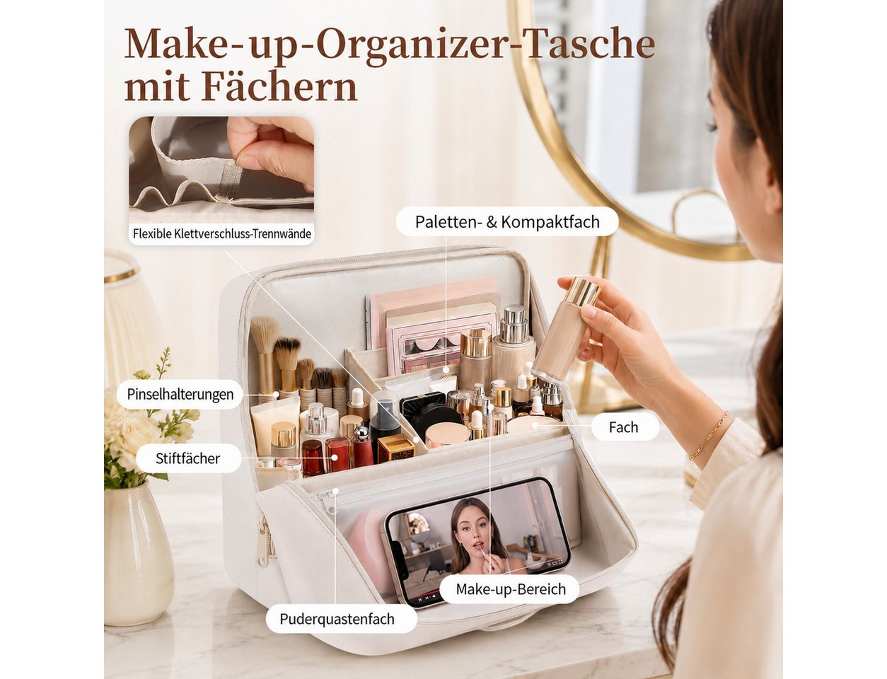 Diwzbyn Kosmetiktasche Große Kosmetiktasche, Wasserabweisend mit Magnetfächern, Faltbar, Stehend & mit Gepäckriemen, Praktisch für Reisen Bild 5