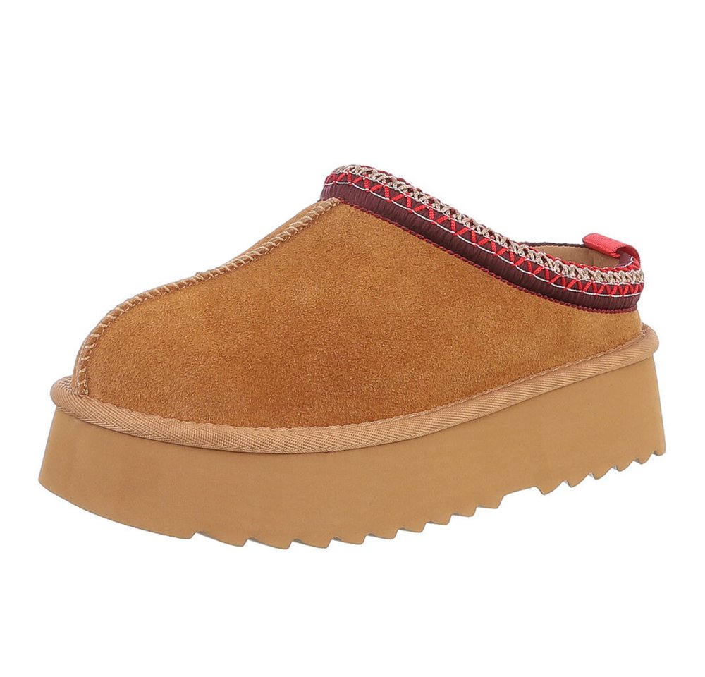 Ital-Design Echtleder Damen Slip-on Plateau Clog mit Profilsohle Snowboots (92392427) Flach Stiefeletten in Camel Bild 2