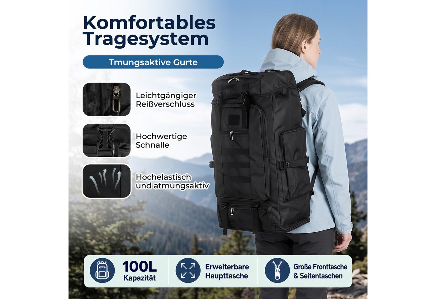 AKKEE Trekkingrucksack Wanderrucksack 100 L, Reiserucksack, Campingrucksack, Outdoorrucksack, Wasserdicht Kapazität erweiterbar für Damen und Herren beim Wandern Bild 3