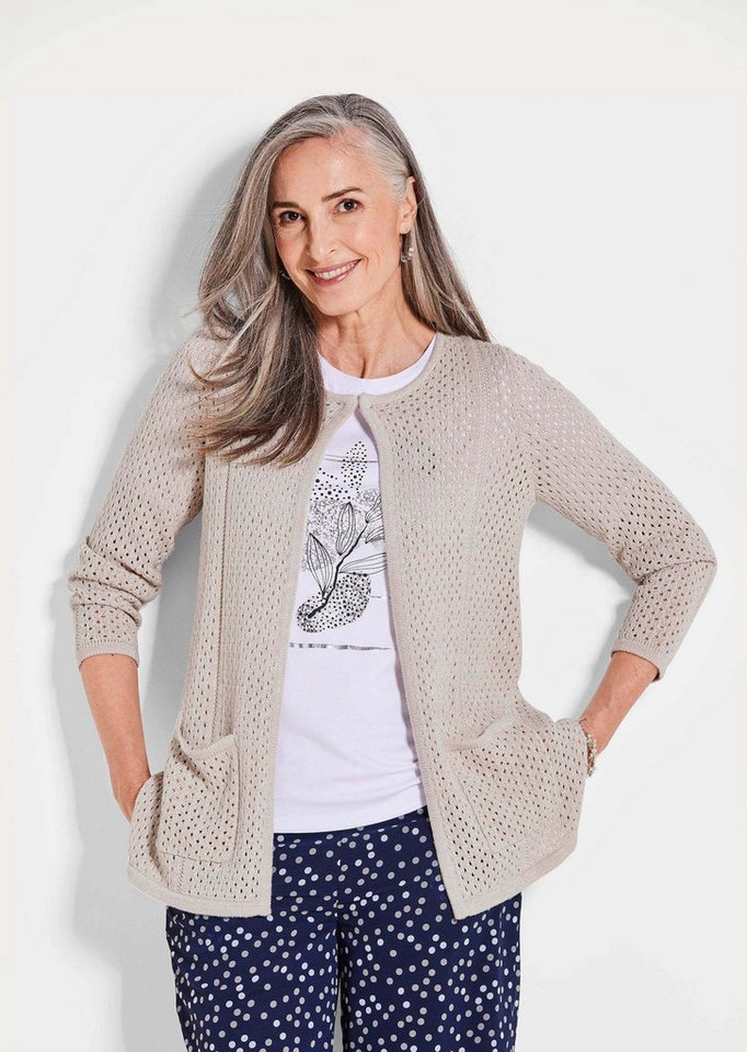 GOLDNER Outdoorjacke Brauner Cardigan mit Lochmuster, Langarm Mit Glitzergarn durchzogene Strickjacke, 3/4-Arm, wärmend, Rundhals