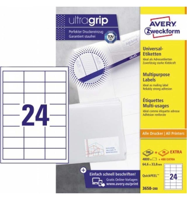 Avery Zweckform - Universaletikett Ultragrip 64,6 X 33,8 Mm (b X H) Nicht Wieder Ablösbar Papier Weiß 5.280 Etik./pack.