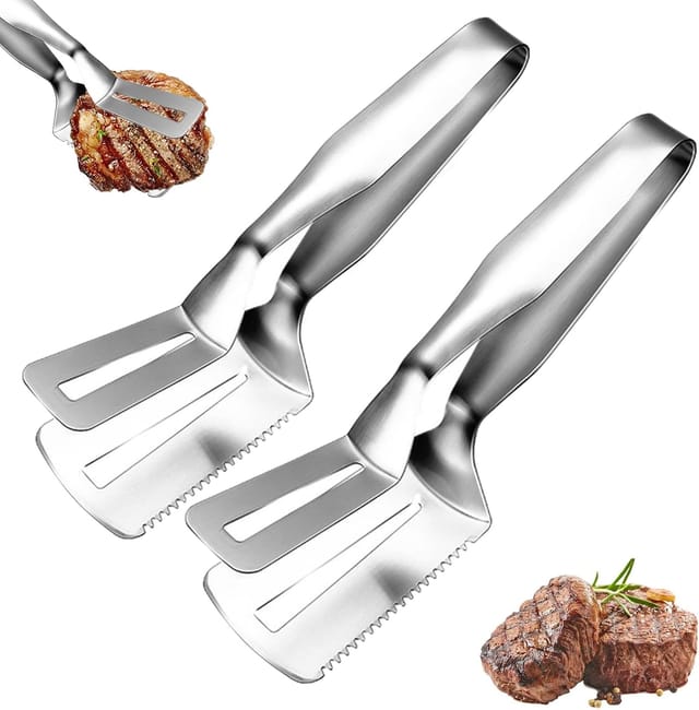 2er-pack Steakzangen Aus Edelstahl, Multifunktionale Brotzange In Lebensmittelqualität, Grillzange Aus Edelstahl, Gezahnte Steakzange, Dosenklammer, Schaufel, Kann 3-in-1 Schneiden