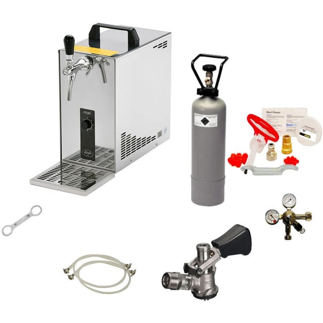 Komplett Set - Zapfanlage, Bierzapfanlage, Bierkoffer, Durchlaufkühler Pygmy 25, 1-leitig, 30 Liter/h, Mit Köpi, Trockenkühler, Green Line, Beerkules, Bierkühler, Reinigungsset Für Zapfanlage Und Keg
