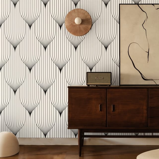 Vintage Art Déco Tapete Mit Geometrischem Design In Schwarz-weiß