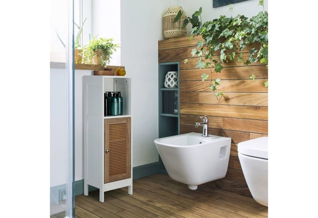 Relaxdays - Badezimmerschrank, 3 Fächer, Stehend, Hbt: 96,5 X 30 X 30 Cm, Schmaler Badschrank Mit Rattan-tür, Weiß/natur