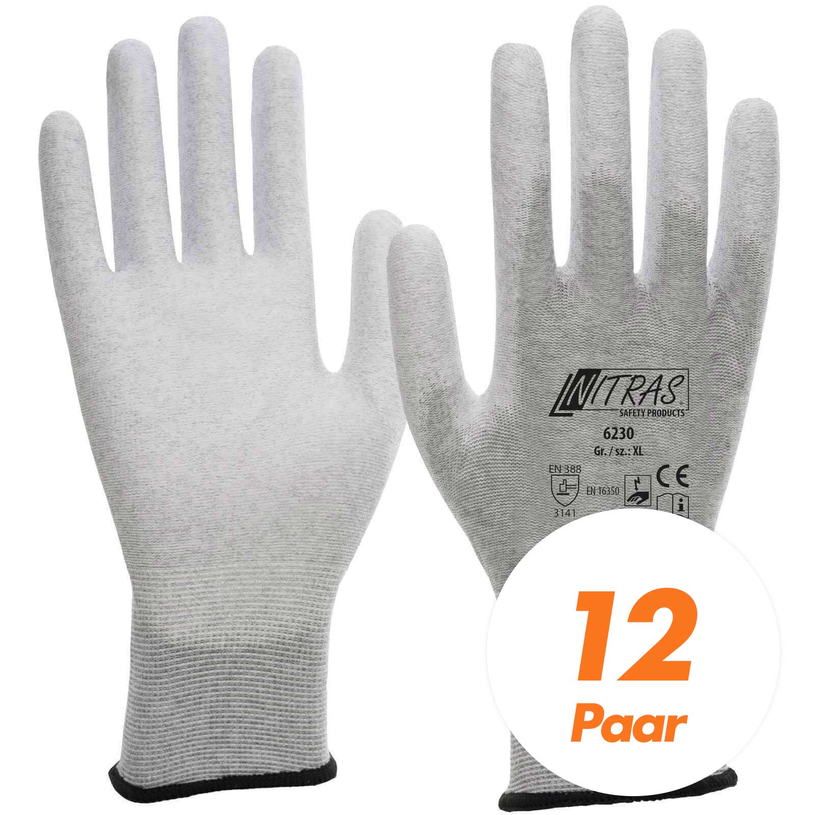 Nitras Esd-handschuhe, Schutzhandschuhe 6230 Antistatisch, Touchscreen-handschuhe - Vpe 12 Paar - Größe:6