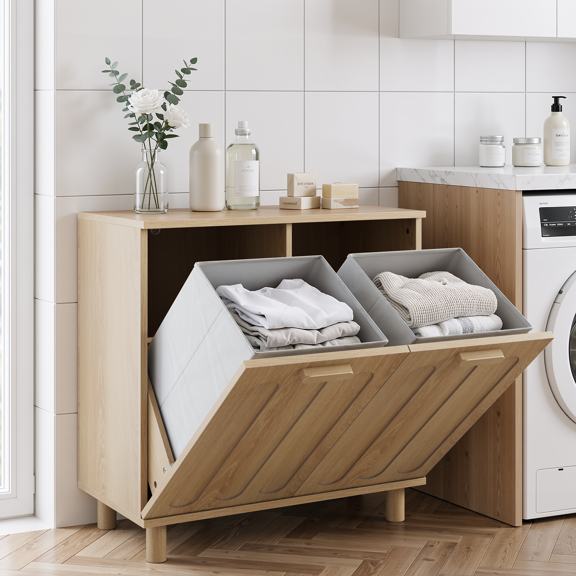 Wäschesortierschrank Mit 2 Herausnehmbaren Stoffkörben, 66 X 35 X 67 Cm, Mdf, Eiche Redom