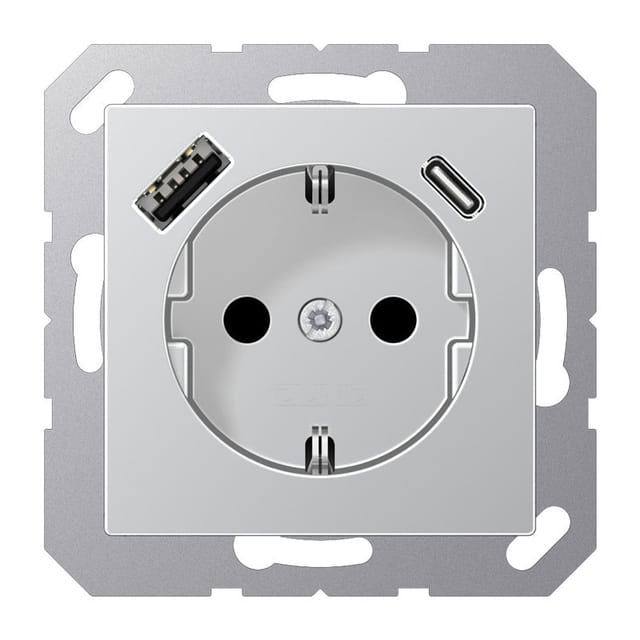 Jung Schuko®-steckdose, 16 A 250 V , Mit Usb-ladegerät, 1 X Typ A + 1 X Typ C, Safety+, Serie A, Aluminium A 1520-15 Ca Al