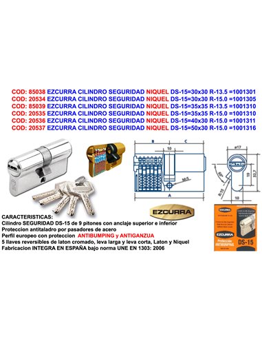 Ds-1530x30 R-15 Anti-bumping-nickel-sicherheitszylinder - Ezcurra