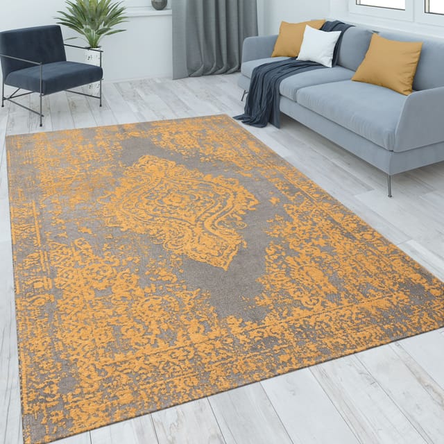 Paco Home Teppich Wohnzimmer Kurzflor Vintage Orientalisches Muster Ornamente Moderne Deko 80x150 Cm, Anthrazit-gelb