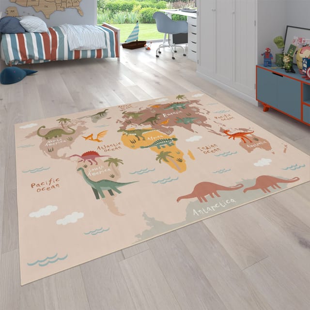 Paco Home Teppich Kinderzimmer Kinderteppich Dinosauriert Welt Rutschfest Beige Braun Grün 200 Cm Quadrat