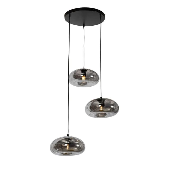 Art-deco-hängelampe Schwarz Mit Rauchglas Rund 3-flammig – Ayesha