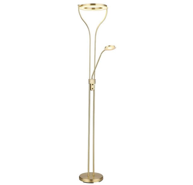 Stehleuchte Stehlampe Deckenfluter Wohnzimmerleuchte Schlafzimmerlampe, Dimmbar, Flexibler Lesespot, Messingfarben Matt Satiniert, Led 20w 1800lm Warmweiß, Lxbxh 35x30x194cm