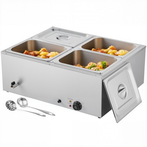 Kommerzieller Speisenwärmer (4 X 1/2 Größe Behälter), 1,5 Kw Elektrischer Wärmebehälter Aus Edelstahl Mit Abdeckung & Suppenkelle, Chafing Dishes Für Catering Restaurant Party