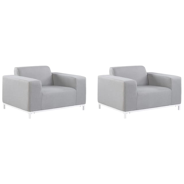 Gartensessel 2er Set Hellgrau Stoffbezug Mit Weissem Metallgestell Modern Möbel Outdoor Indoor Garten Terrasse Balkon Ausstattung Sitzmöbel