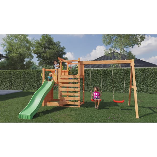 Fungoo Spielturm "climbing Star 3", Teak, Mit Rutsche, Doppelschaukel, Kletterwand, Strickleiter, Kletternetz