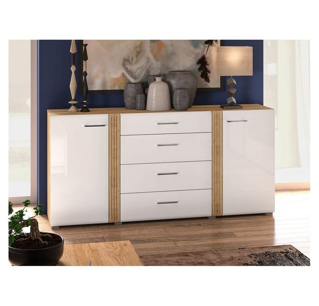 Anrichte Sideboard 190 Cm In Eiche Castello Nb. Mit Weiß Hochglanz Akron-131 Hochwertige Mdf Fronten Mit Filigraner Fräsung, B/h/t: Ca. 190/90/42 Cm
