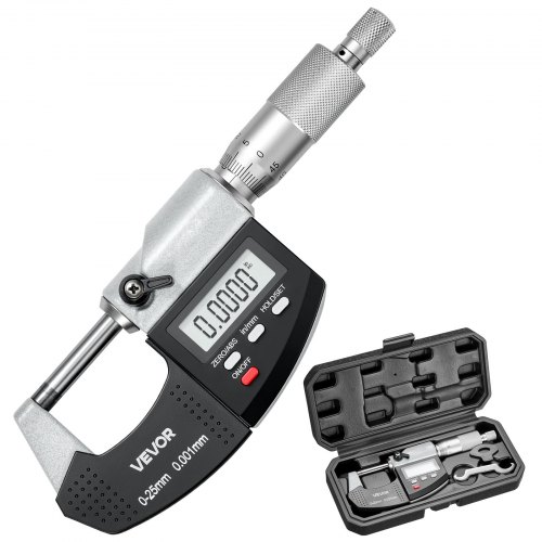 Mikrometer, Digitale Bügelmessschraube, Messbereich 0–25,4 Mm, Auflösung 0,001 Mm, Höchste Präzision 0,003 Mm Genauigkeit, Lcd-display, Zoll/mm-umschaltung, Hartmetallspitze, Mit Koffer